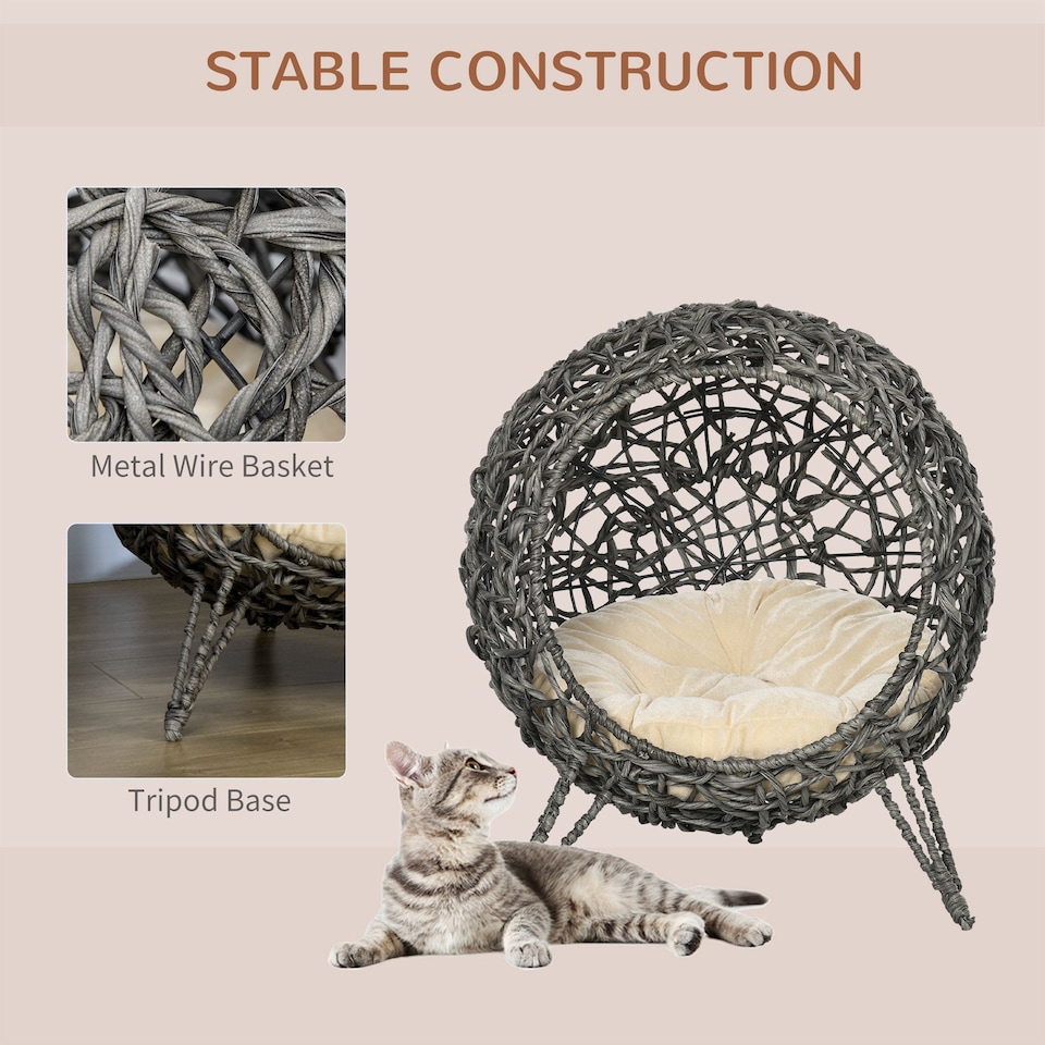 image 1 of PawHut Rattan Elevated Cat House Kitten Bed Pet Furniture w/ Cushion Grey