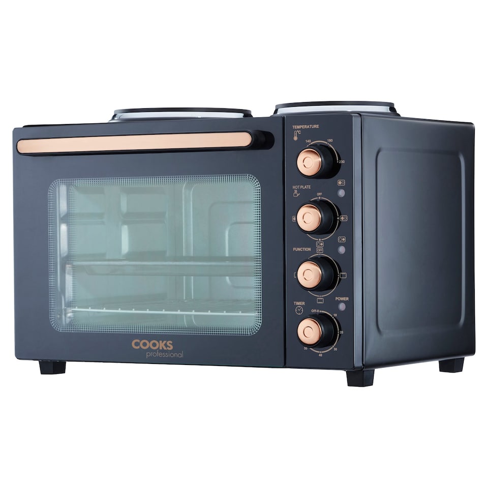 image 1 of Cooks Professional 34L Mini Oven with 2 Hobs - Electric Multifunction Countertop Cooker | Black | Black & Copper