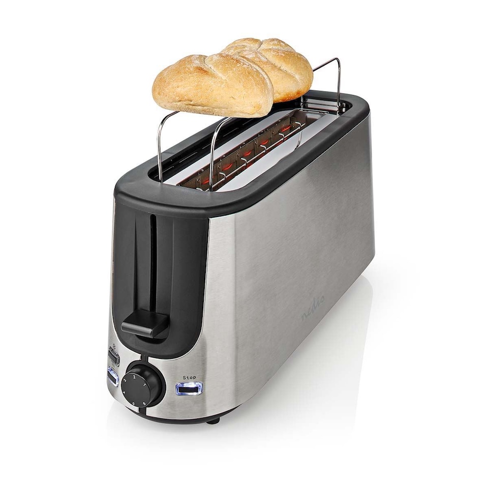 image 1 of Long Slot Toaster, Long Slice or 2 Slice Stainless Steel Toaster with Bun Warming Rack, 6 Browning Levels, Removeable Crumb Tray, Defrost and Reheat, 1000W