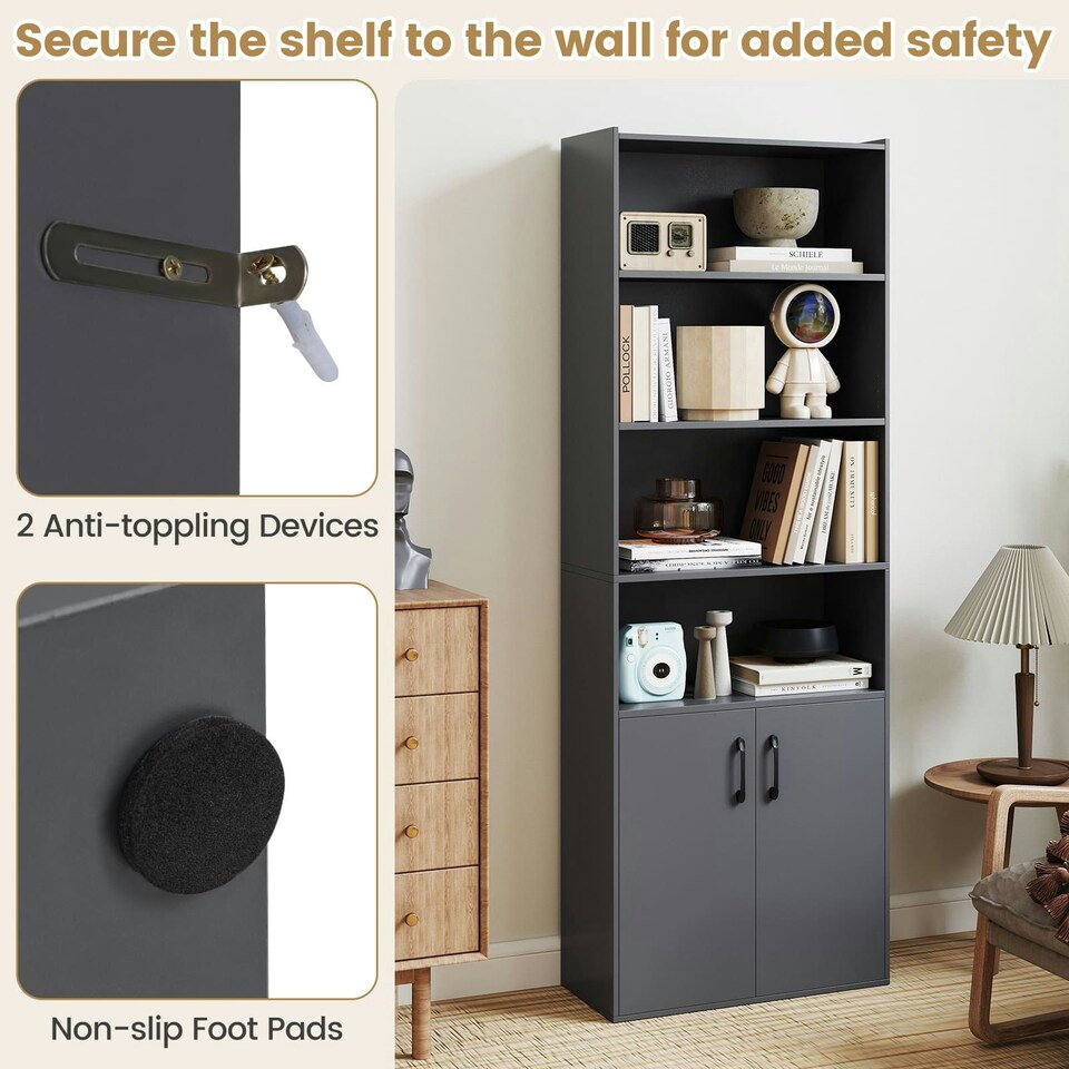 image 1 of COSTWAY 178 CM Bookcase 6-tier Modern Style Storage Grey Grey