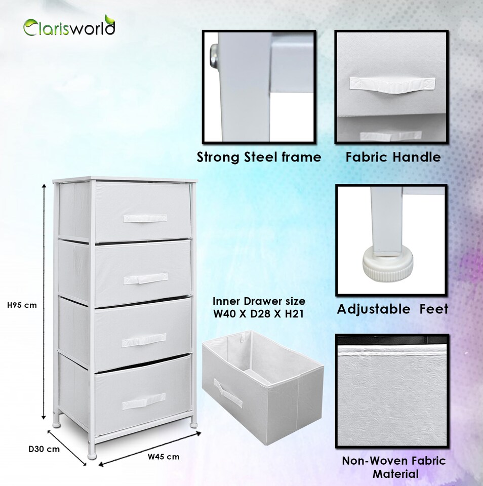 image 1 of Clarisworld 4 Drawer Storage Tower Dresser with Wood Top, Sturdy Steel Frame & Laminated Fabric Drawers, Storage Organiser Unit for Bedroom, Hallway, Entryway, Closet & Office