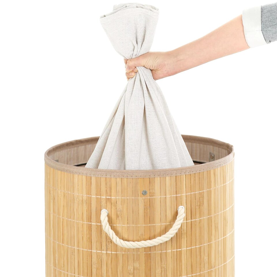 image 1 of GEEZY Round Bamboo Hamper Natural Laundry Basket Beige