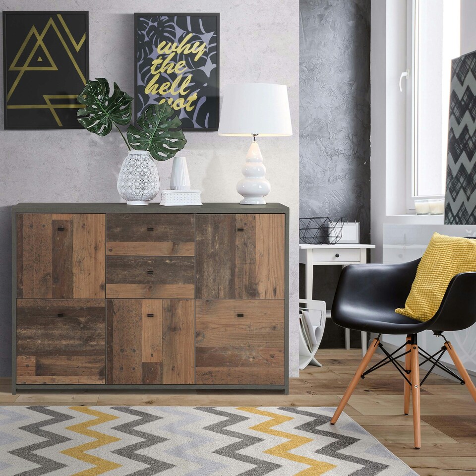 image 1 of Best Chest Storage Cabinet with 2 Drawers and 5 Doors in Concrete Optic Dark Grey/Old - Wood Vintage