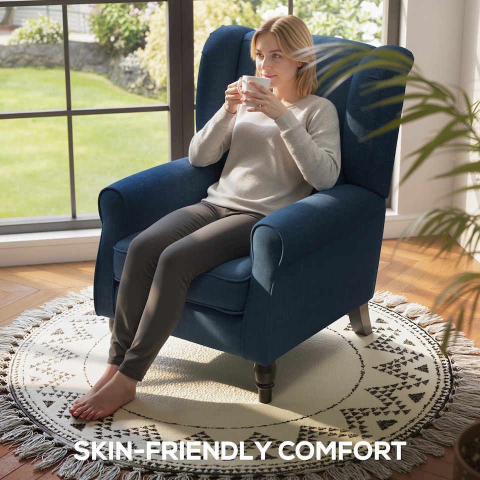 image 1 of HOMCOM Retro Accent Chair, Snow Flannel Wingback Armchair with Wood Frame Button Tufted Design for Living Room Bedroom, Blue