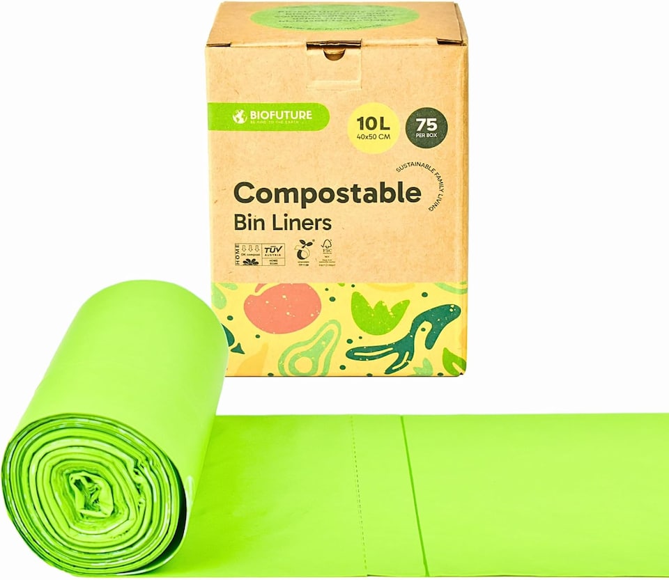 image 1 of Biofuture 10L x 75 Compostable Bin Liners | Home Compostable & Council Approved | Fits 9-11L Kitchen Food Waste Bins | EN13432 Certified & TUV Certified