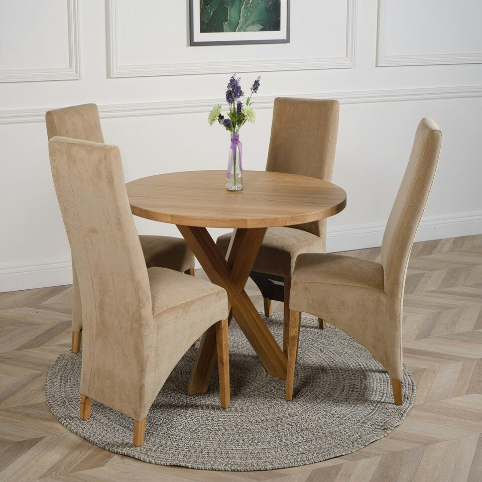 image 1 of Oregon Round Oak Dining Table with Lola Fabric Chairs Brown