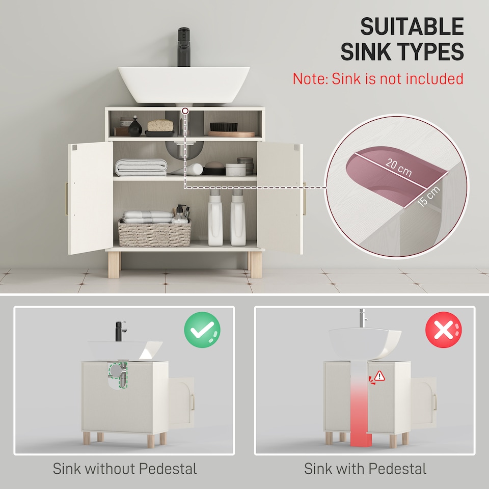 image 1 of HOMCOM Under Sink Bathroom Cabinet, Freestanding Under Sink Cabinet with Adjustable Shelf for Basin without Pedestal, 60 x 30 x 63 cm, Cream White