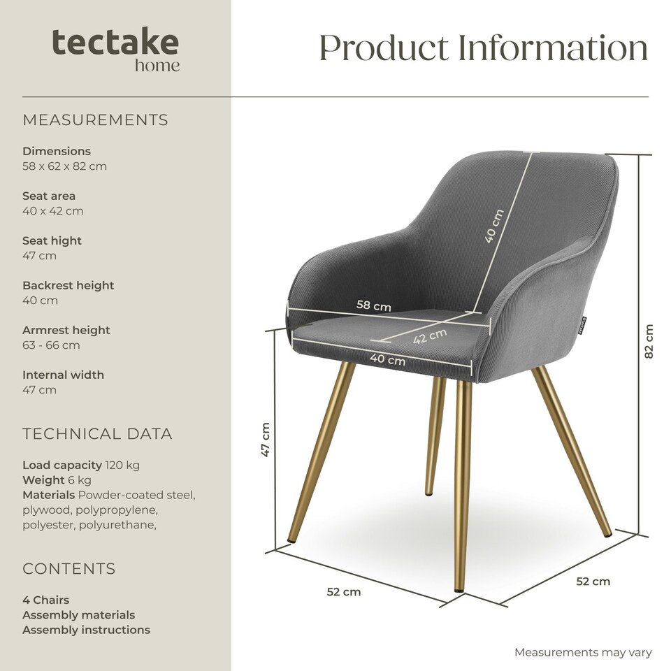 image 1 of Dining Chair Marilyn - corduroy look, upholstered, armchair, continuous backrest - Set of 4 Grey | Grey/Gold
