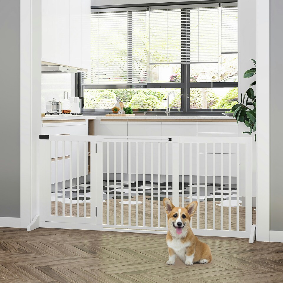 image 1 of PawHut Wooden Freestanding Pet Gate Adjustable w/ Door Lock Safe Barrier White