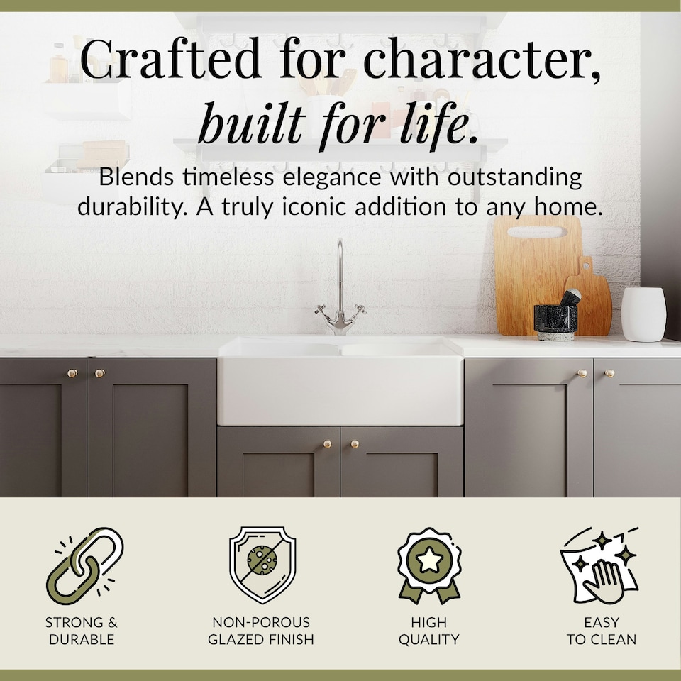 image 1 of Fireclay 795mm Double Bowl Full Weir Butler Kitchen Sink, Mono Mixer Tap & Waste - Ceramic Kitchen Sink & Tap Set