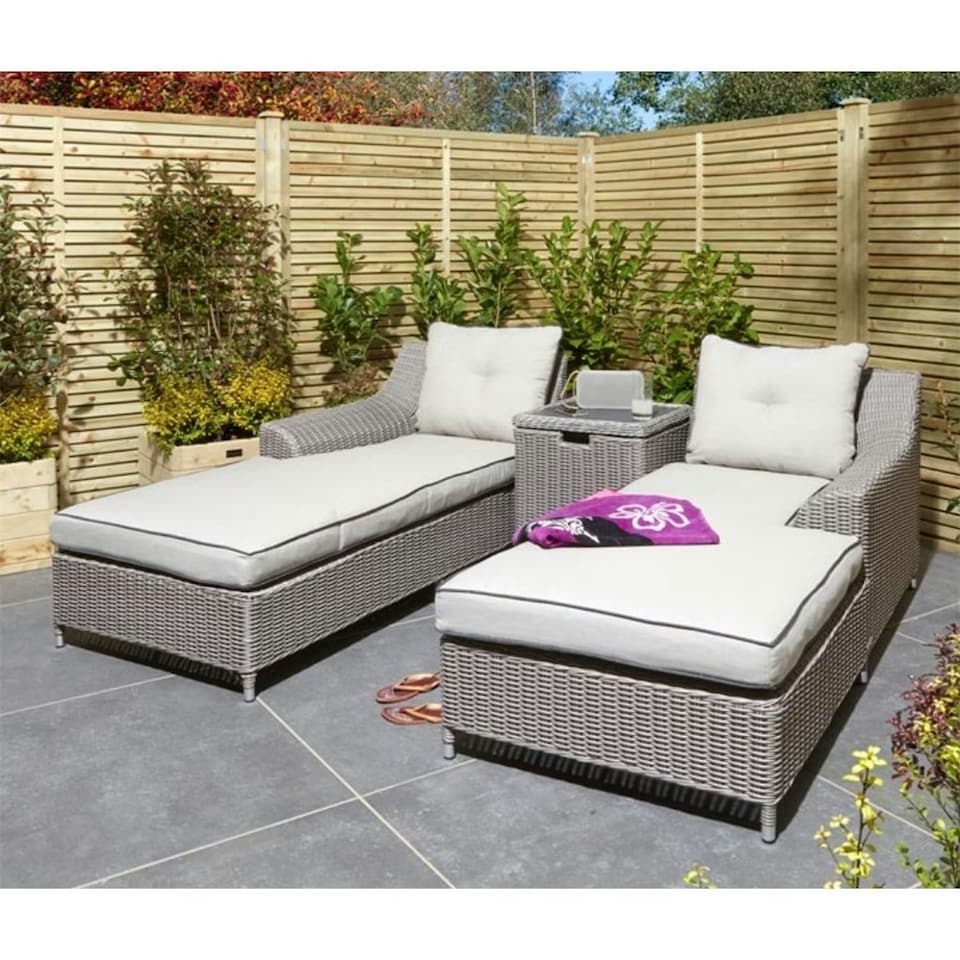 image 1 of 2 Seater Natural Stone Rattan Weave Garden Sun Lounger Set