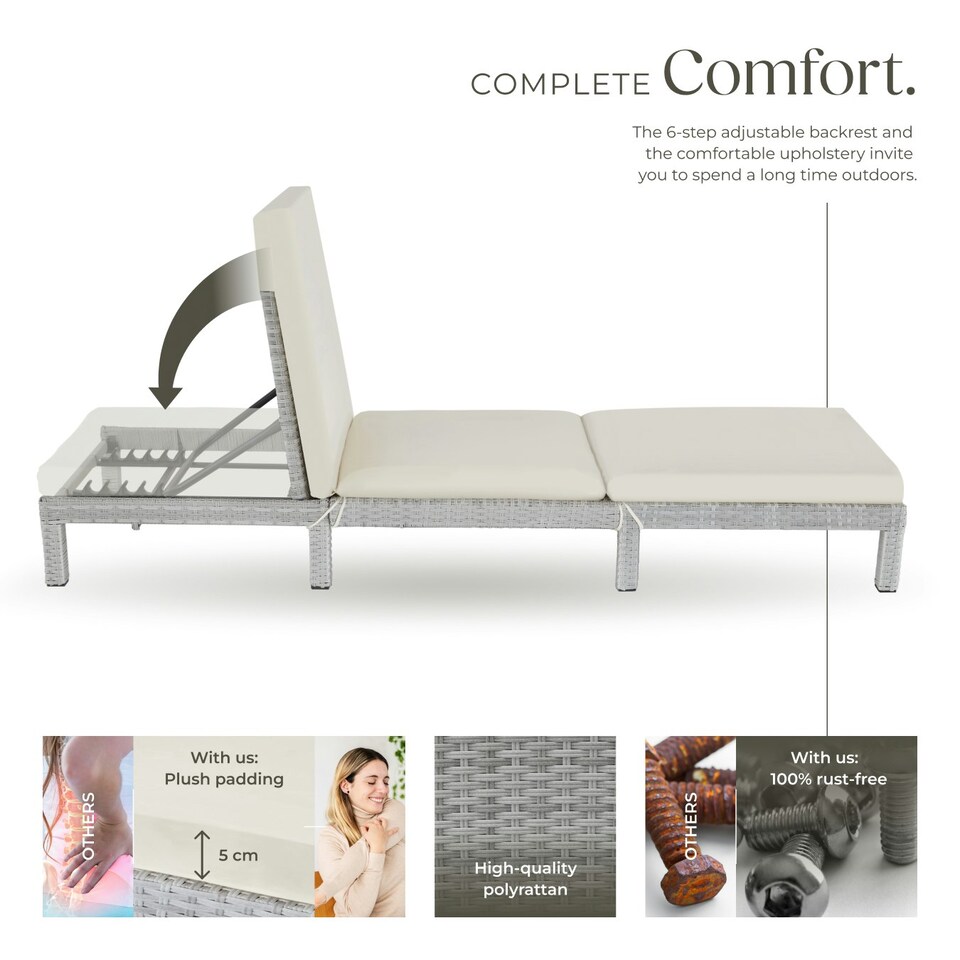 image 1 of Sun Lounger Sofia - 6-step adjustable backrest, thick padding, UV-resistant Grey | Light Grey