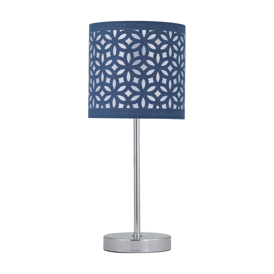 image 1 of Chrome Stick Table Lamp with Navy Blue Laser Cut Shade | Chrome | Blue | Medium | 1