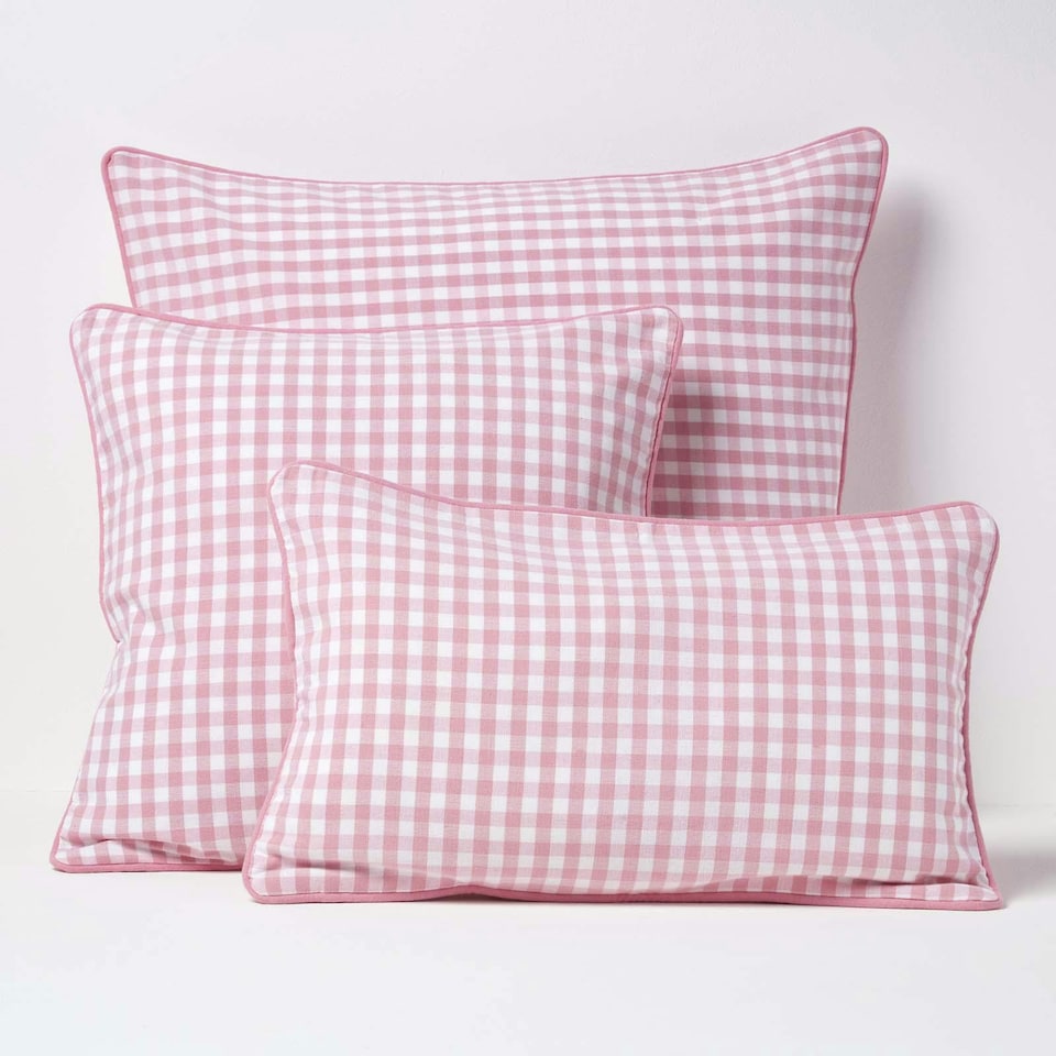 image 1 of Homescapes Cotton Gingham Check Pink Rectangular Cushion Cover - 30 x 50 cm | Pink | Pink | 30 x 50 cm
