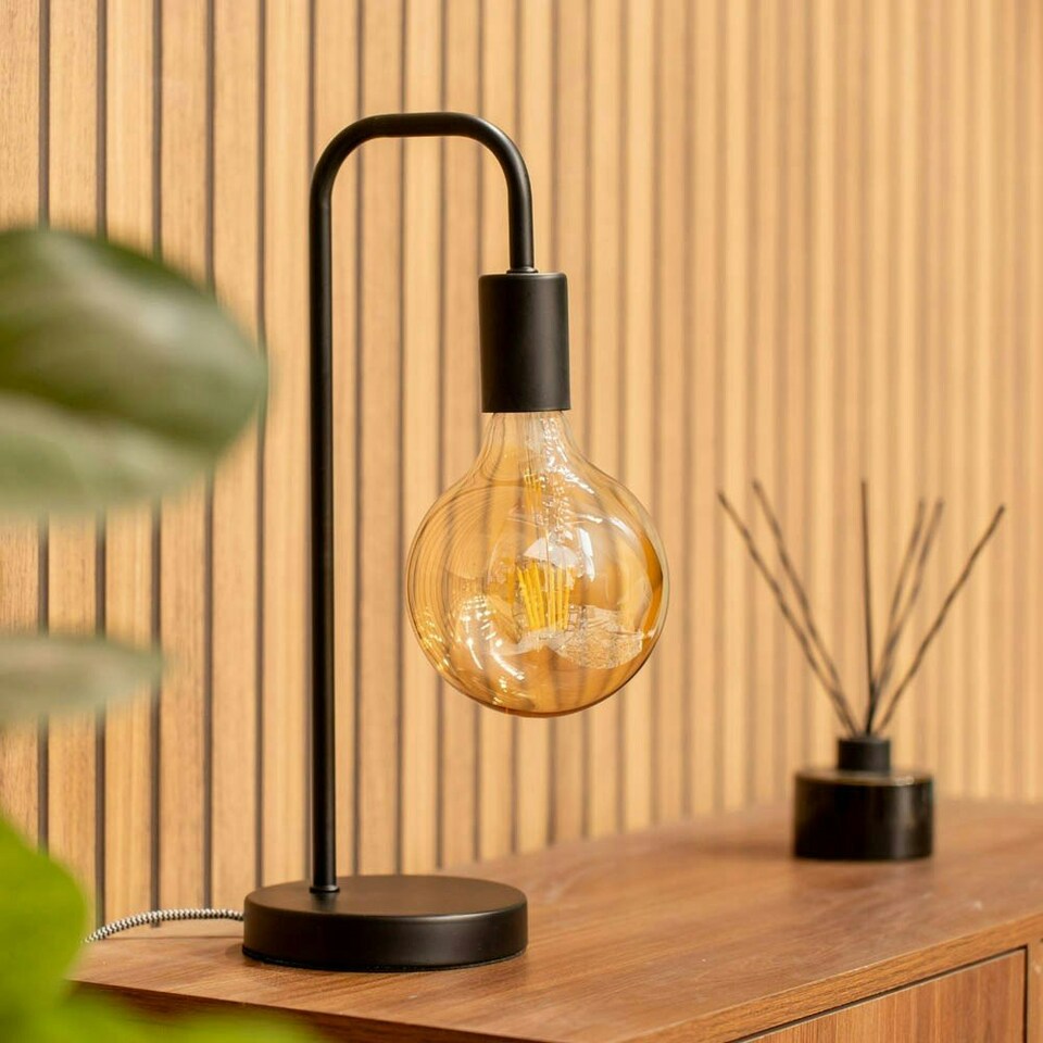 image 1 of ValueLights Bronx Pair of Industrial Style Black Metal Curved Stem Bedside Table Lamps Light