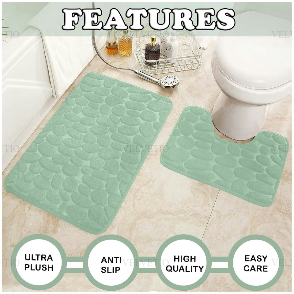 image 1 of VELVETIO 2Pc Pebble Bath Mat Set Memory Foam Bathroom Toilet Rugs Green | Sage Green