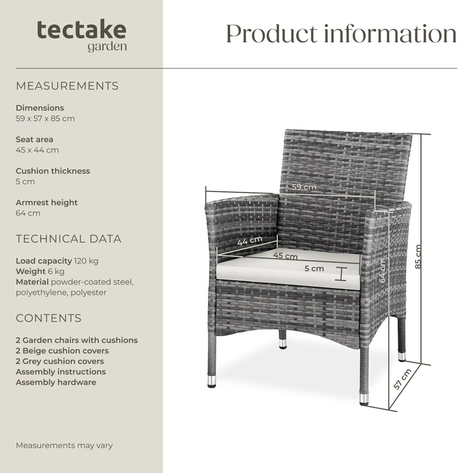 image 1 of Garden Chair Nantes Set of 2 - weather and UV-resistant, 2 sets of cushion covers | Grey | grey/light grey | 2