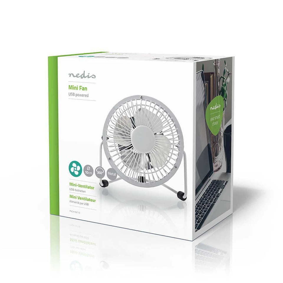 image 1 of Nedis 10cm Mini USB Powered Tilting Desk Fan with Metal Shell and Aluminium Blades, 360° Rotation, On/Off Switch - White