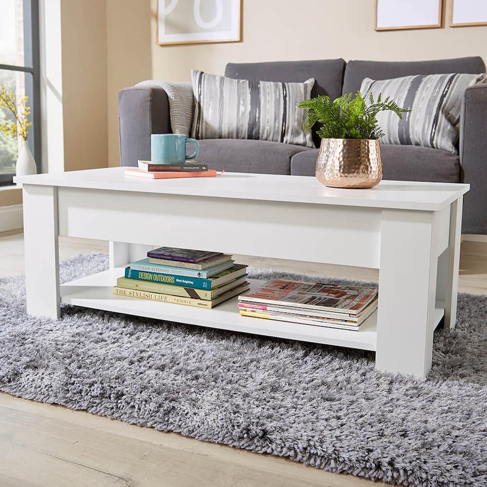 image 1 of Wooden Coffee Table With Lift Up Top Storage Area and Magazine Shelf | White