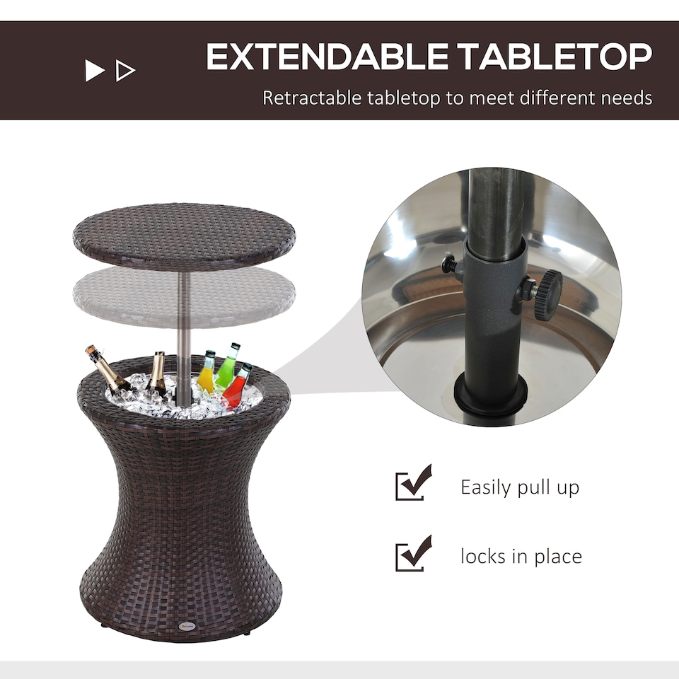 image 1 of Outsunny PE Rattan Ice Bucket Table, Height Adjustable Liftable Outdoor Drinks Cooler, 52 cm Round Garden Beer Cocktail Table with Lid for Bar, Patio, Terrace, Brown