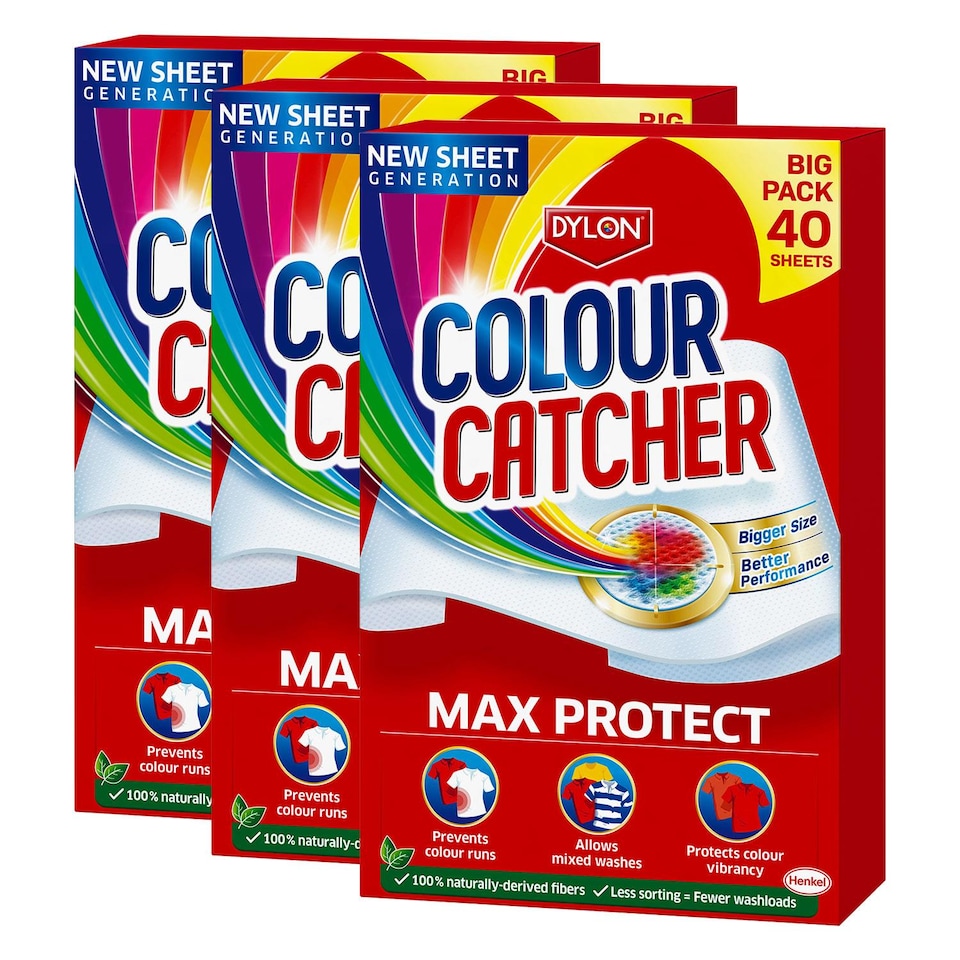 image 1 of Dylon Colour Catcher Max Protect Laundry Sheets Prevent Colour Run 40Sheets, 3 Pack | Red | 3 Pack | 3