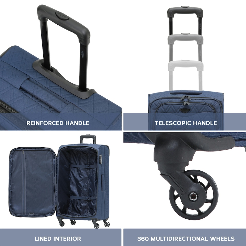 image 1 of Flight Knight Lightweight 4 Wheel 800D Soft Case Quilted Suitcases Anti Crack Cabin & Hold Luggage Options - 100+ Airlines Approved - easyJet, BA & Many More! Blue | Navy | Large
