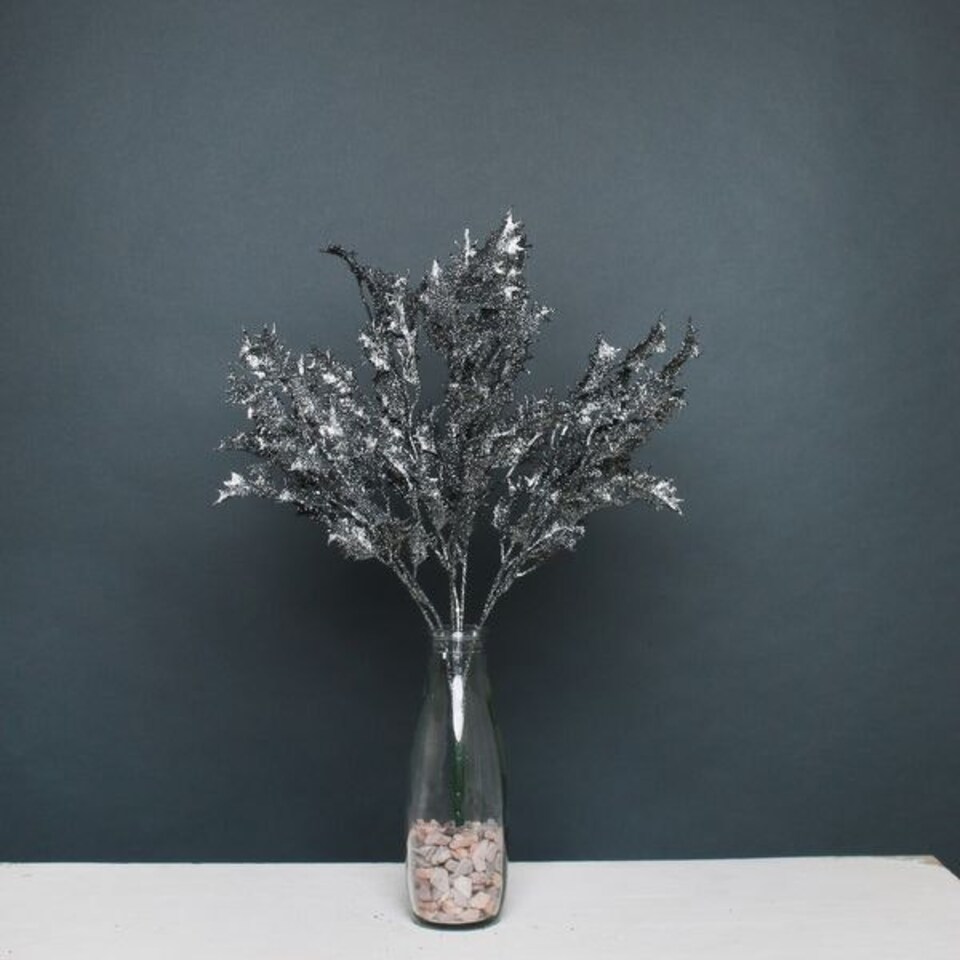 image 1 of Artificial Pewter Glitter Holly Bush - H52cm