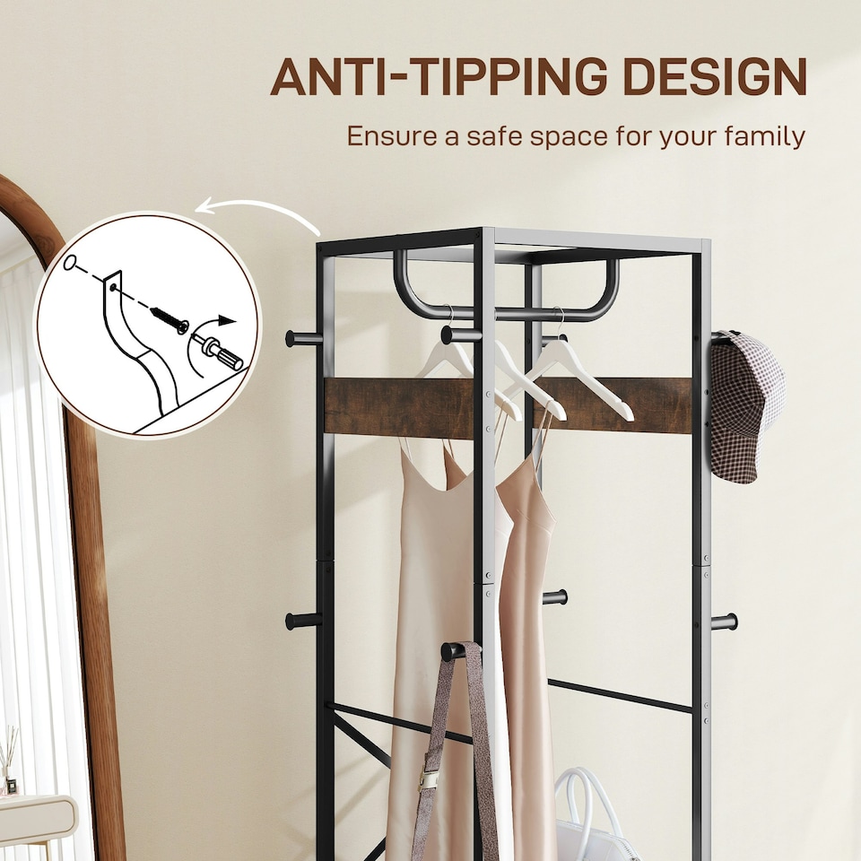 image 1 of HOMCOM Clothes Rail with Storage Shelf and Hooks, Clothes Rack Brown