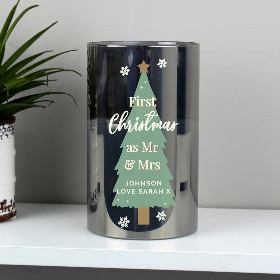 image 1 of Personalised Christmas Tree Smoked Glass LED Candle White