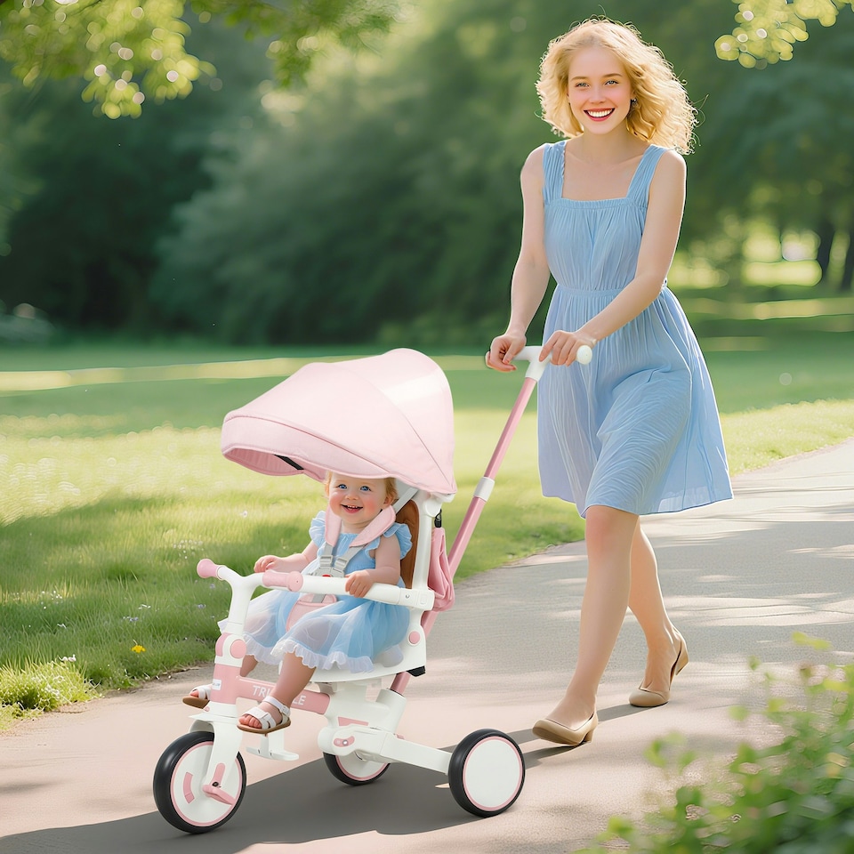 image 1 of AIYAPLAY 5 in 1 Foldable Kids Trike, Toddler Tricycle for 1-3 Years, Pink