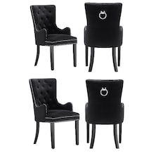 Set of 4 Velvet Dining Chairs with Armrest, Ergonomic Scoop Knockerback & Button Tufted Wood Legs Black