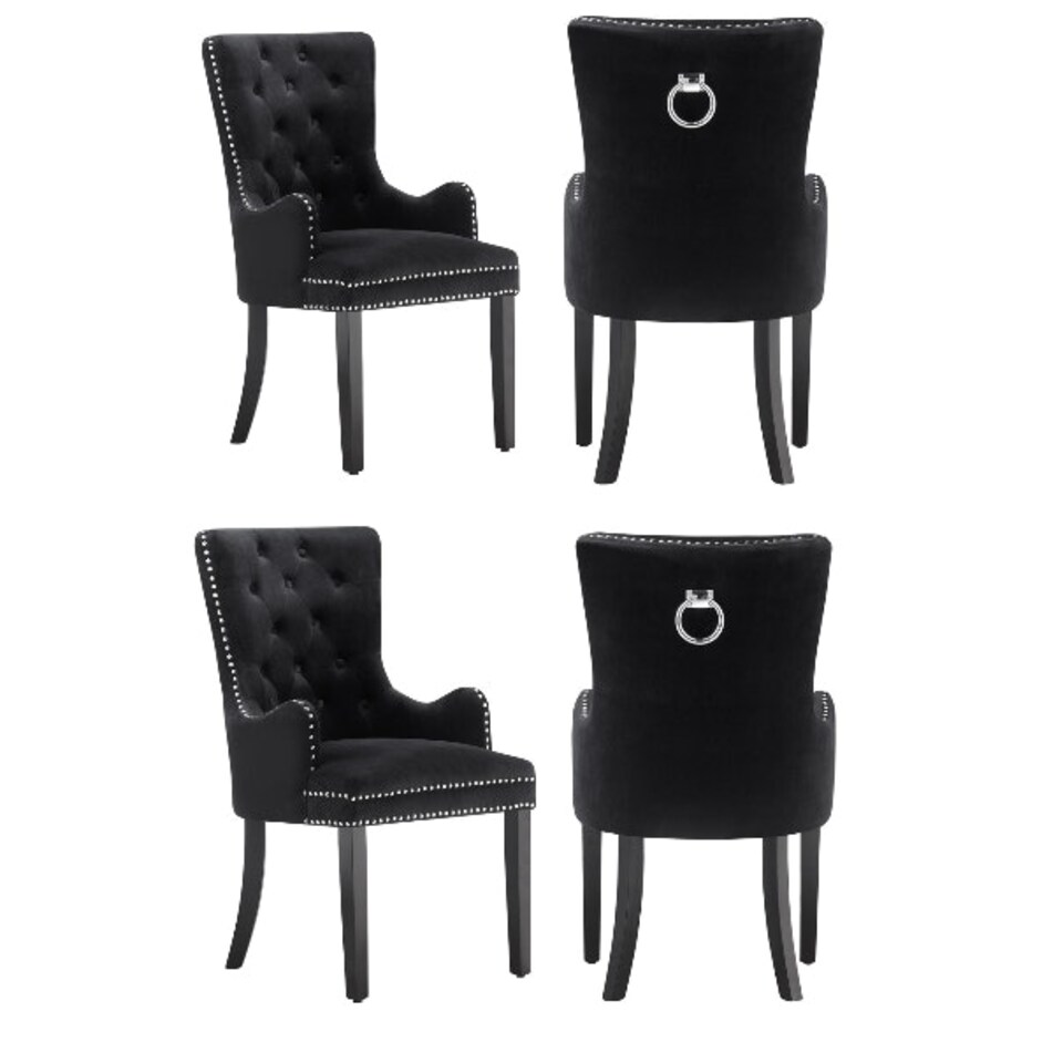 image 1 of Set of 4 Velvet Dining Chairs with Armrest, Ergonomic Scoop Knockerback & Button Tufted Wood Legs Black