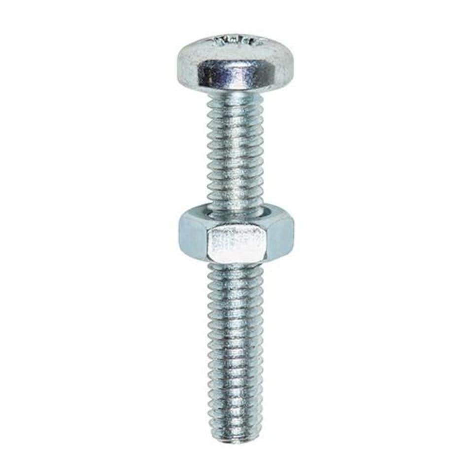 image 1 of Timco - Machine Screws - PZ2 - Pan & Hex Nuts - Zinc (Size M4 x 30 - 25 Pieces)