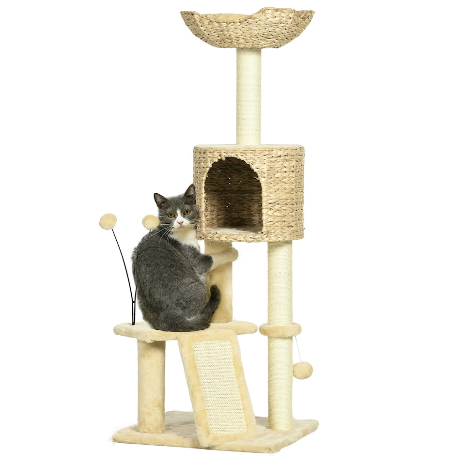 image 1 of PawHut 116cm Cat Tree Tower with Scratching Posts, House, Bed, Ramp, Beige