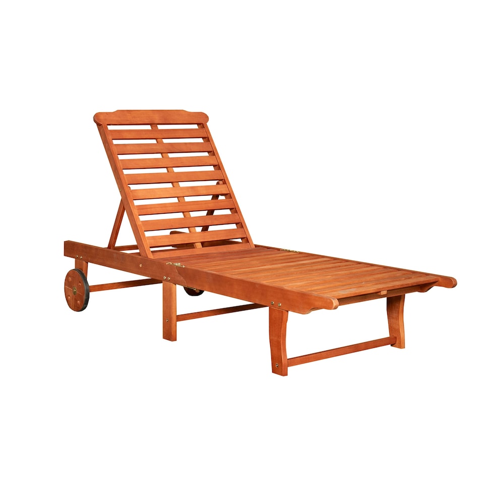 image 1 of 1.9m x 0.6m Outdoor Wooden Adjustable Foldable Sunlounger with Wheels Brown
