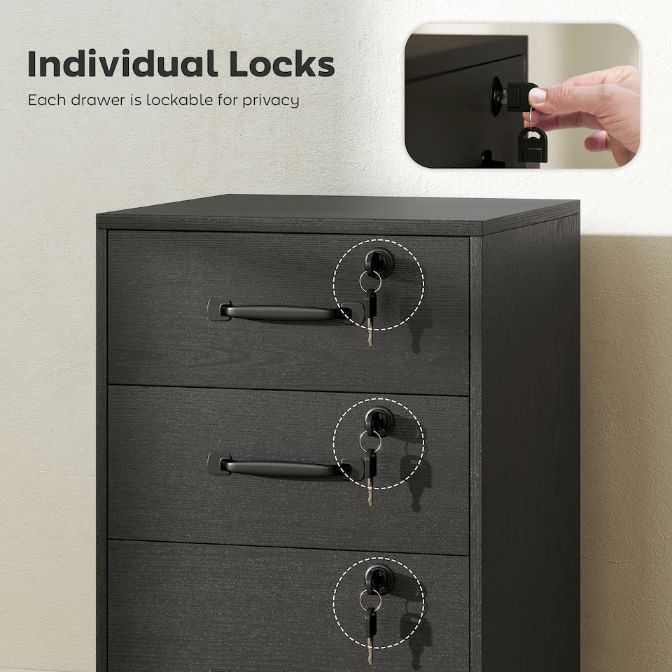 image 1 of HOMCOM Mobile Filing Cabinet with 3 Drawers and Wheels, Lockable Rolling Under Desk Drawers for A4 and Letter Sized Hanging File Holders, Printer Stand for Home Office, Black | Black | Black