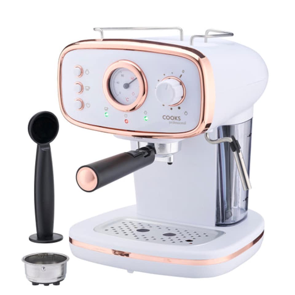 image 1 of Cooks Professional 15-Bar Retro Espresso Coffee Machine 1.2L with Frothing Steam Wand | White | White & Copper