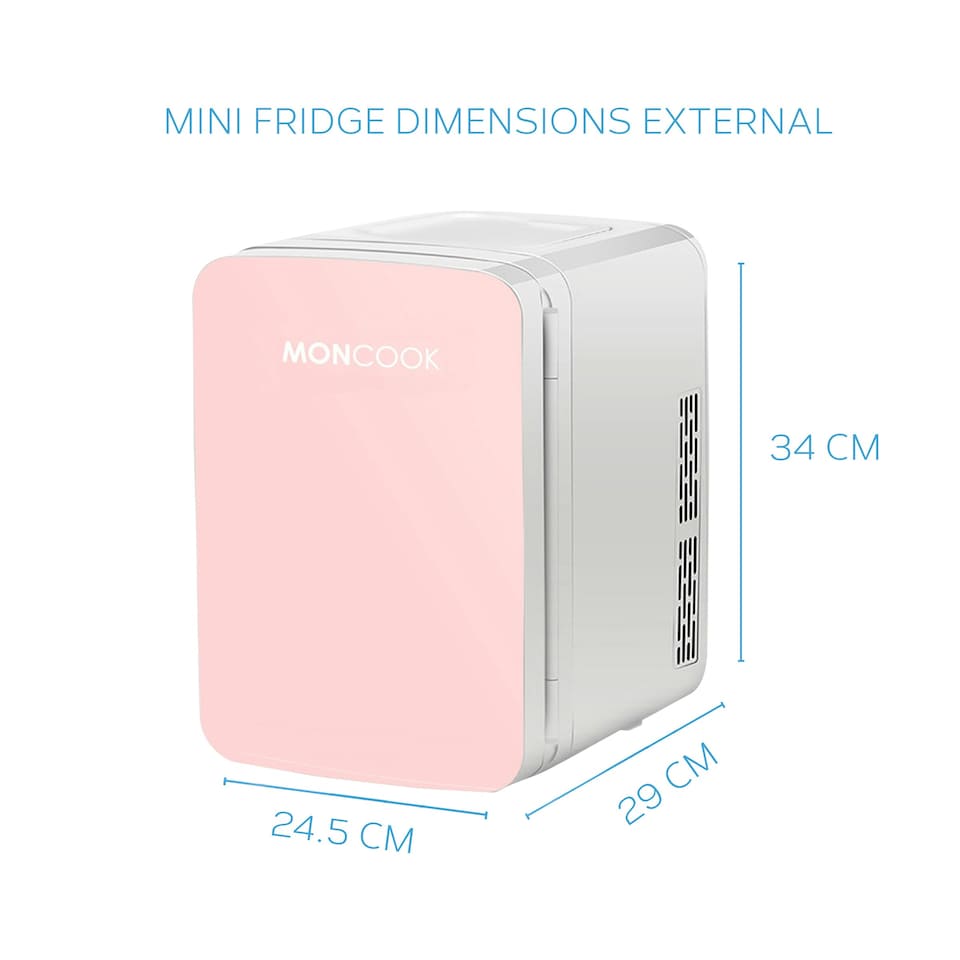 image 1 of MONCOOK Mini Fridge For Bedrooms - Small, Portable & Quiet - Glass Door Mini Fridge For Skincare, Food & Drinks - Cooling & Warming Function - 10L Pink