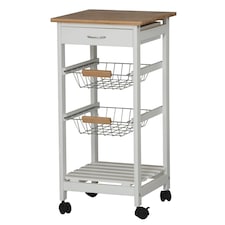 3 Tier Portable Oasis Bamboo Top MDF Kitchen Trolley Drawer Shelf Cart on Wheels | White | White