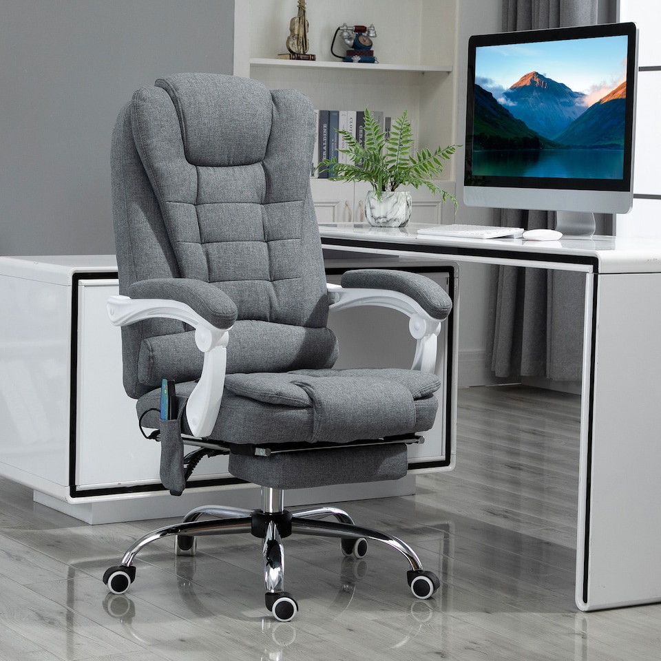 image 1 of Vinsetto Office Chair with 6 Point Massage and Back Heat, Linen Desk Chair with Footrest Adjustable Height and Swivel Wheels, Back Reclining, Grey