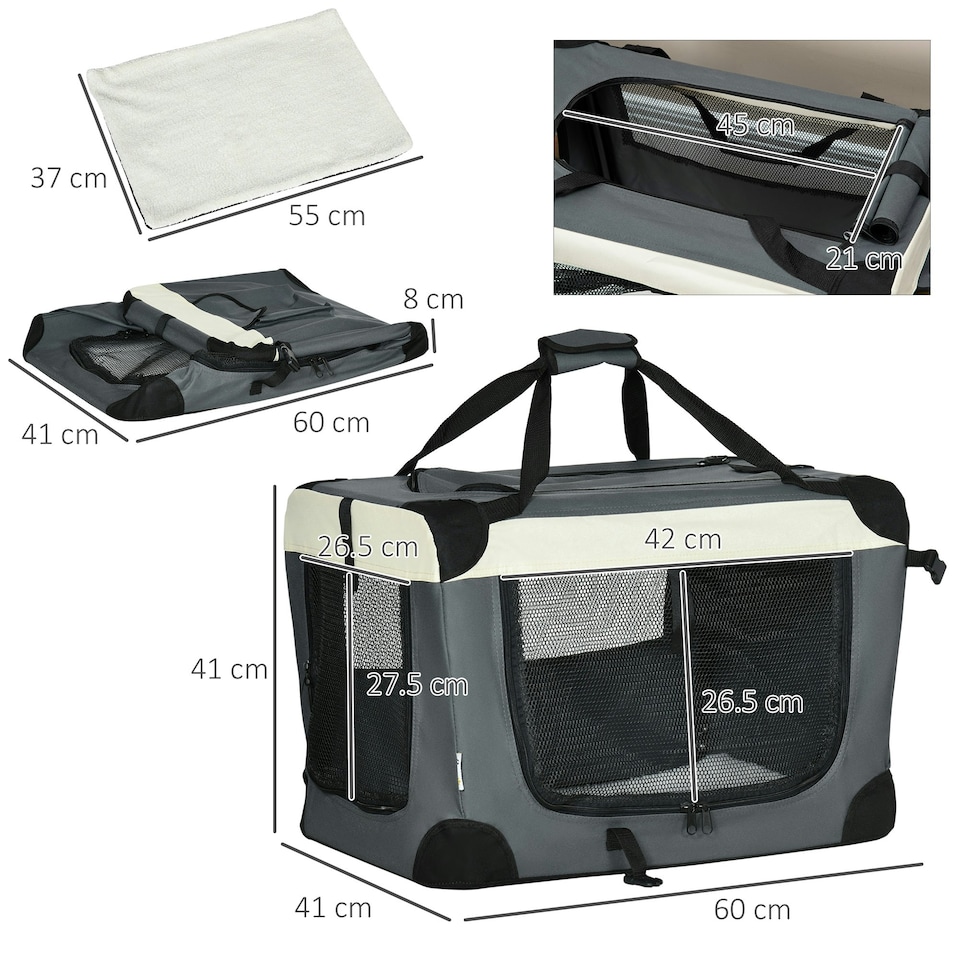 image 1 of PawHut 60cm Foldable Pet Carrier Bag Soft Travel Dog Crate for Mini Dogs Grey