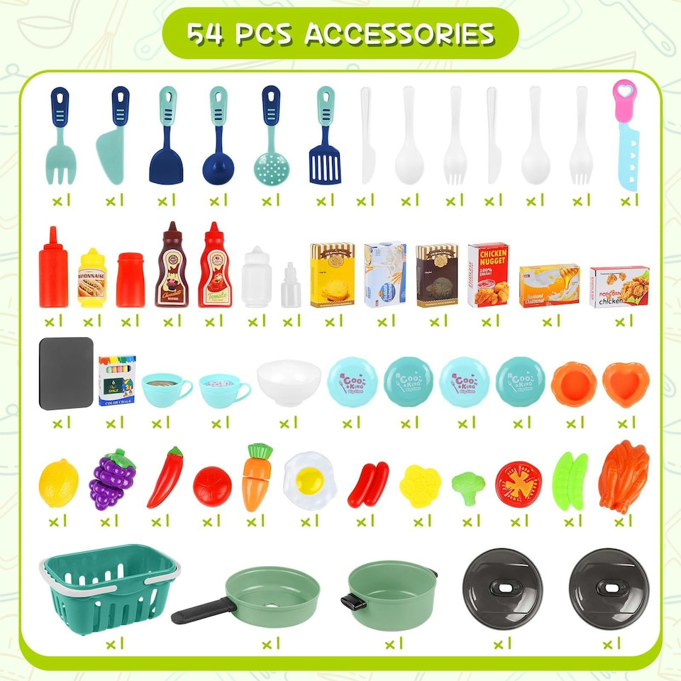 image 1 of Large Kitchen Playset for Kids (Green) - Pretend Cooking Toy Gift for Boys & Girls