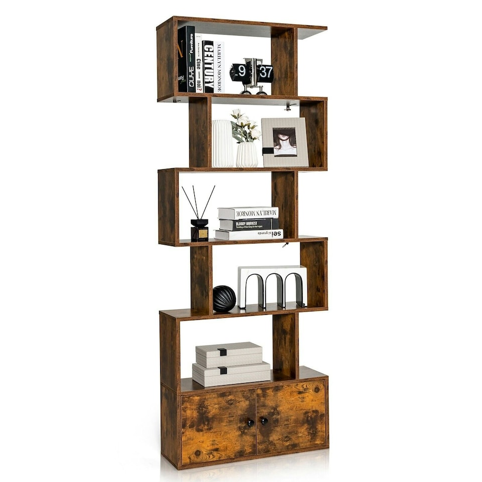 image 1 of COSTWAY 5-tier Bookcase S-Shaped Bookshelf Display Rack Brown Brown
