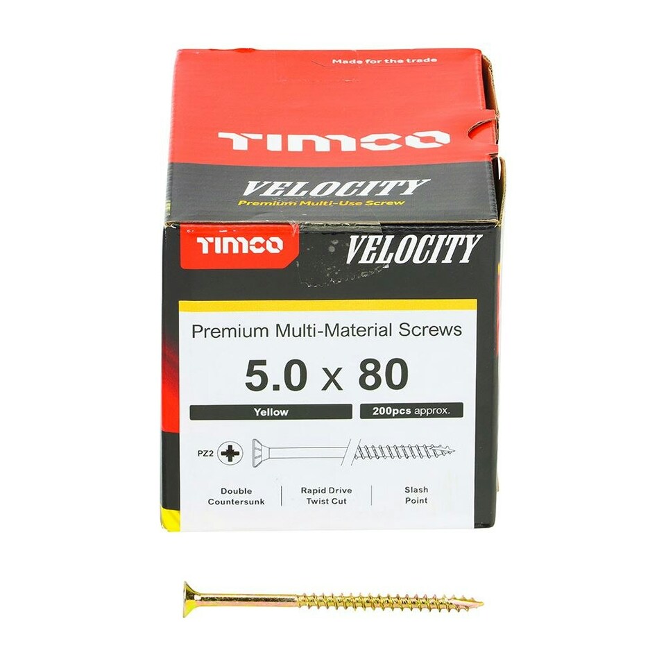 image 1 of Timco - Velocity Premium Multi-Use Screws - PZ - Double Countersunk - Yellow  (Size 5.0 x 80 - 200 Pieces)