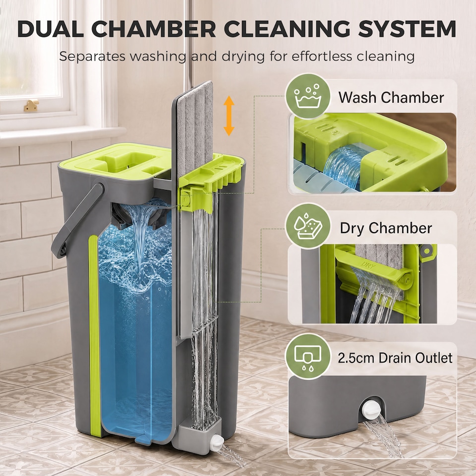 image 1 of HOMCOM Mop and Bucket Set, Compact Flat Mop System, Dark Grey and Green