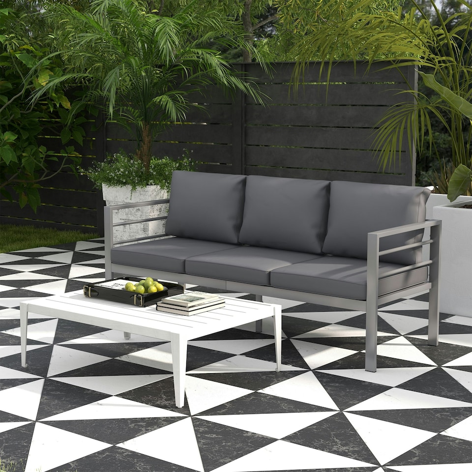 image 1 of Outsunny 3-Seater Aluminium Garden Bench w/ Cushions, Backrest & Armrest, Grey
