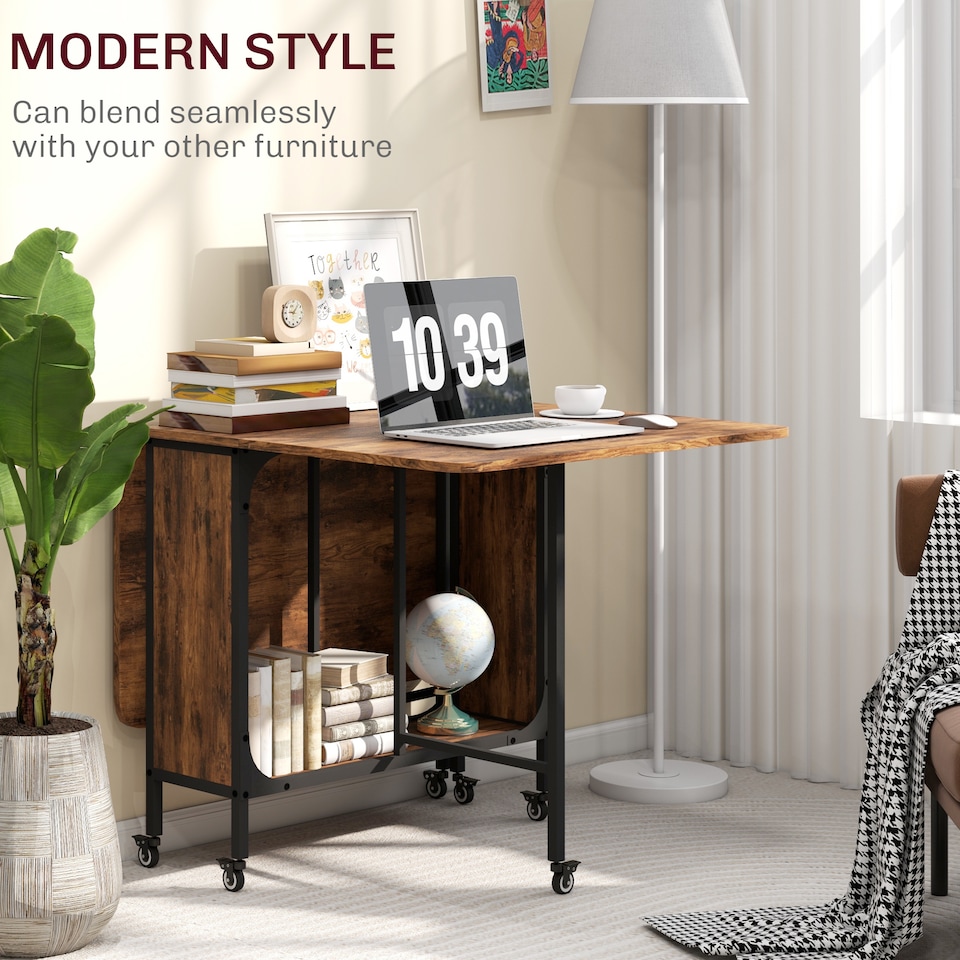 image 1 of HOMCOM Mobile Drop Leaf Table, Folding Dining Table with 6 Wheels & Storage Shelf for Small Spaces, Kitchen, Dining Room, Rustic Brown