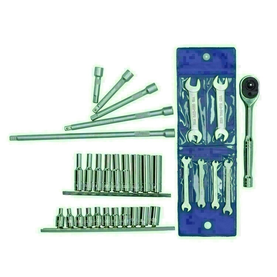 image 1 of 32pc 1/4" Drive BA Socket Set Shallow + Deep Sockets Spanners + Accessories