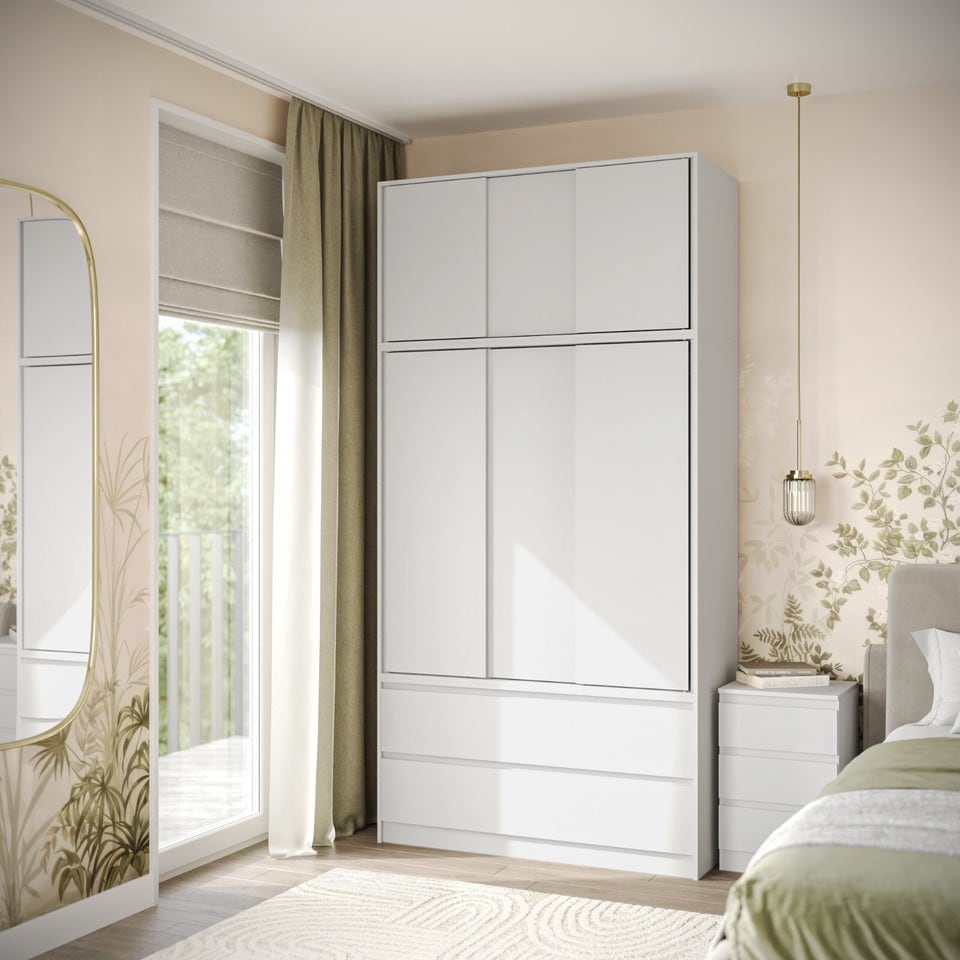 image 1 of 120cm 3 Sliding Doors Children Kids Wardrobe Bedroom Storage Closet Hanging Rail | Multi | White | 1