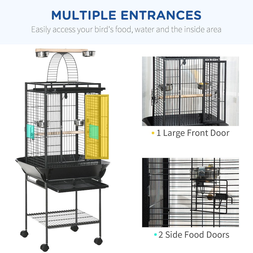 image 1 of PawHut 156cm Bird Cage,Large Parrot Cage with Open Play Top, Perch, Seed Guard, Wheels, Storage Shelf for Budgie, Cockatiel, Conure, Lovebird, Dark Grey
